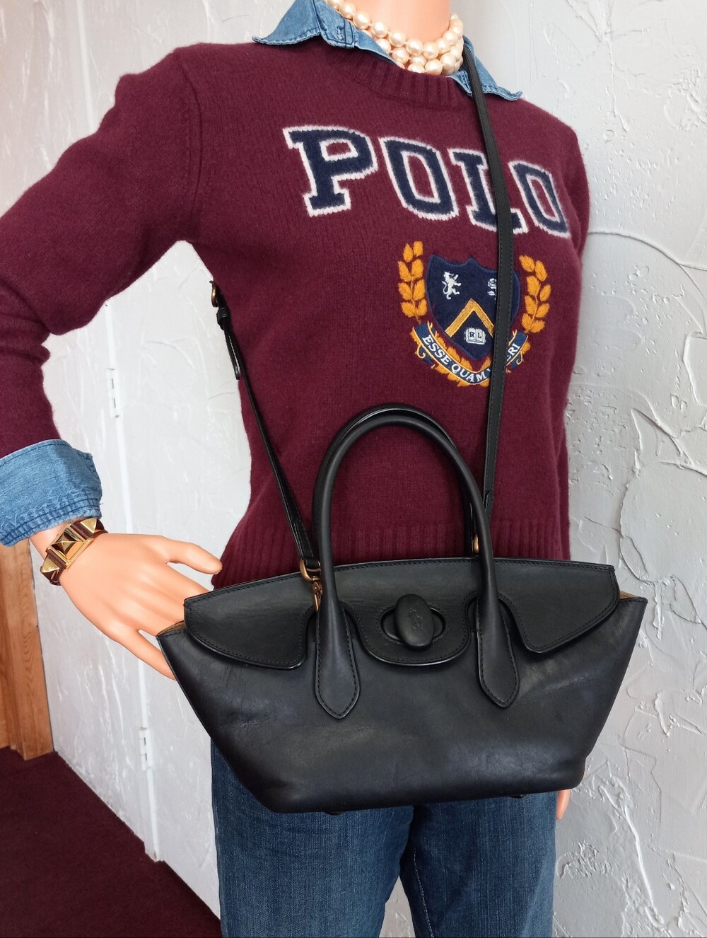 Polo Ralph Lauren, 2024 Bellport Satchel, Black Calf Leather - Picture 13 of 16